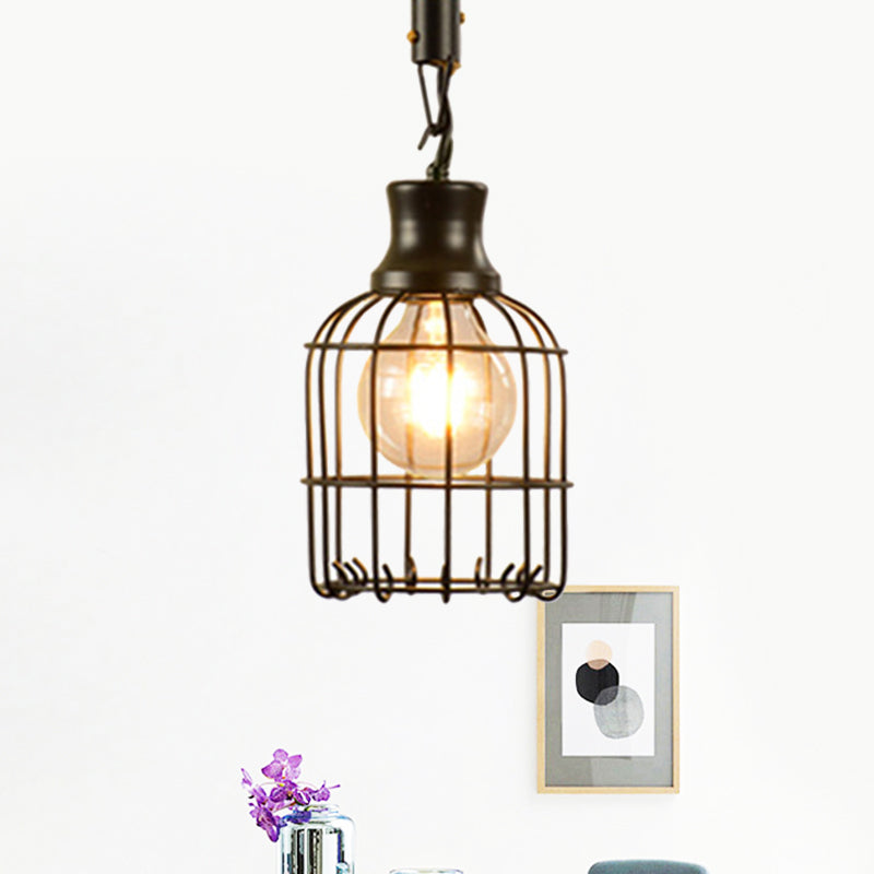 Suspension en métal et corde de style vintage avec cage en fil de fer noir et abat-jour cylindrique/carré