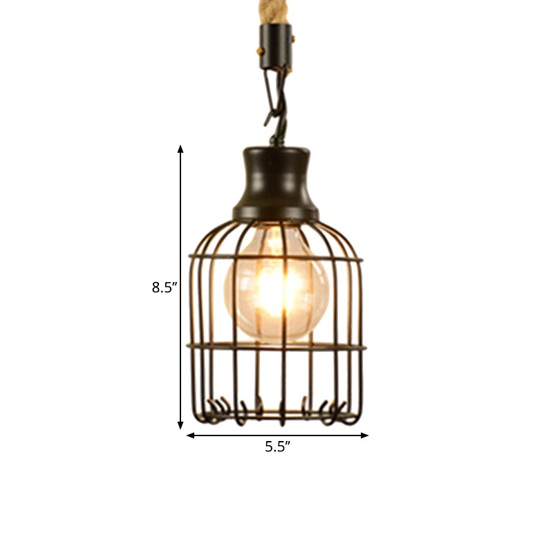 Suspension en métal et corde de style vintage avec cage en fil de fer noir et abat-jour cylindrique/carré