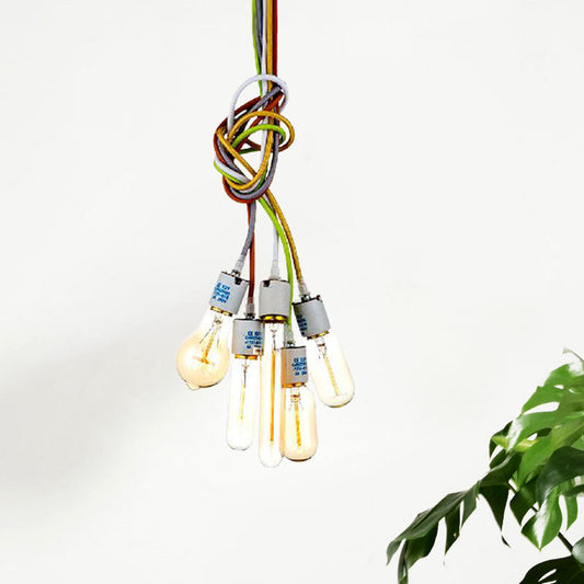 Suspended Industrial Metal Light with 5 White Bulbs and Multi-Colored Cord for Open Bulb Restaurant Ceiling