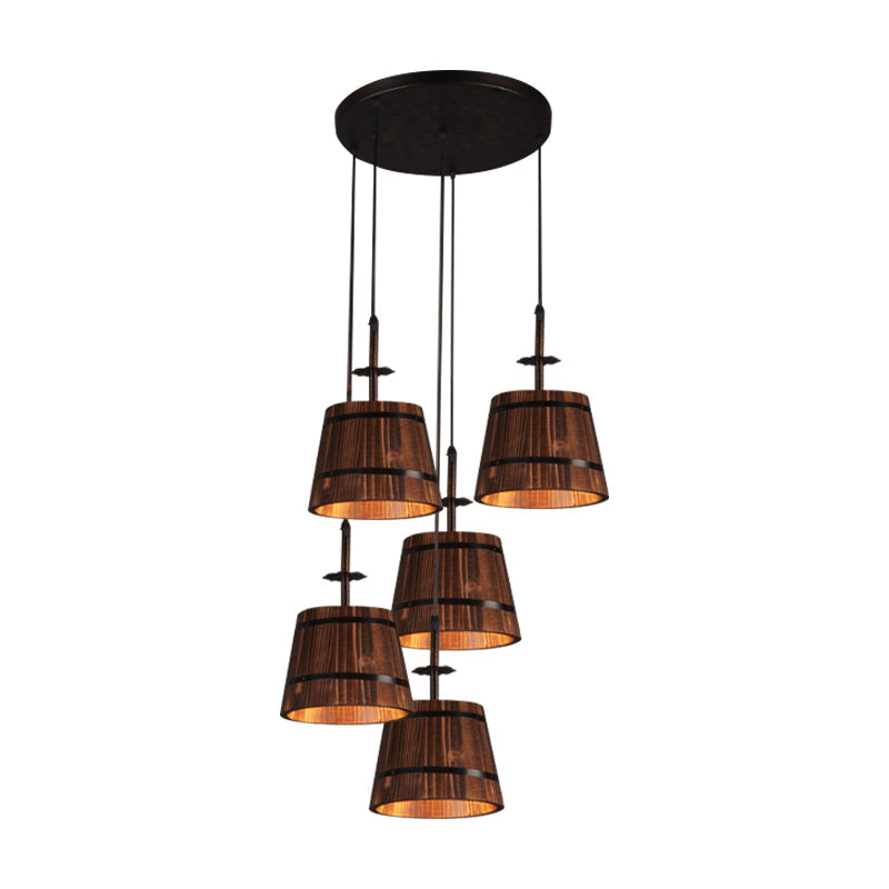 Rustic Wooden Bucket Pendant Light - Café Lodge 4-Light Country Style, Brown