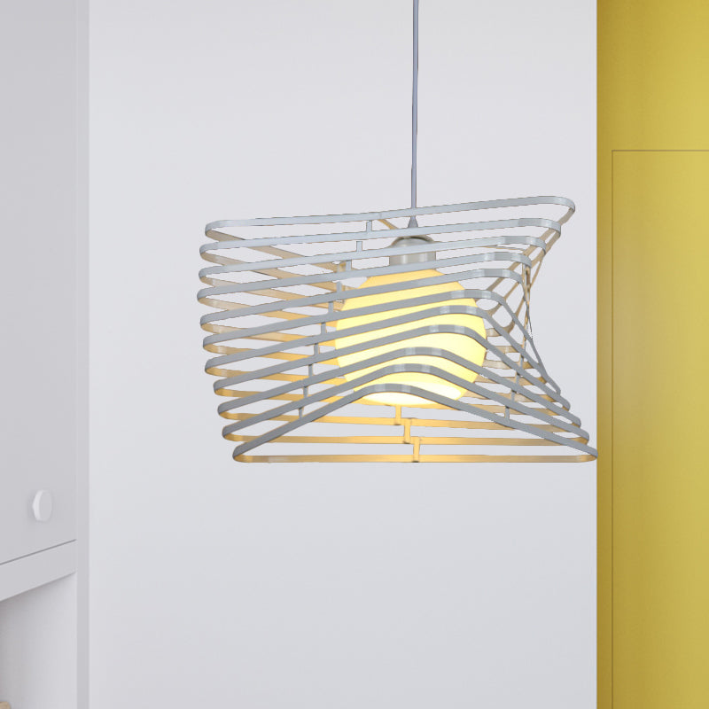 Vintage Twist Cage Pendant Light - Monochrome Metallic Single Light Lamp for Bookstore