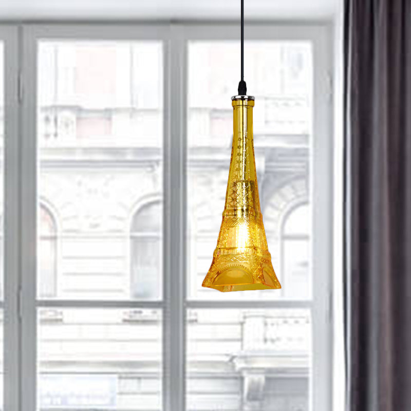 Vintage Purple/Yellow Glass Pendant Light Fixture - 1 Head Tower Mini Hanging Lamp for Restaurants