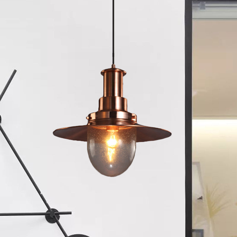 Nautical Flat Shade Pendant Lamp in Nickel/Copper Finish - Glass Shade, 1 Bulb Metallic Lighting for Bars