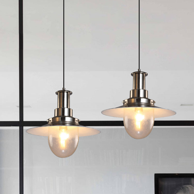 Nautical Flat Shade Pendant Lamp in Nickel/Copper Finish - Glass Shade, 1 Bulb Metallic Lighting for Bars