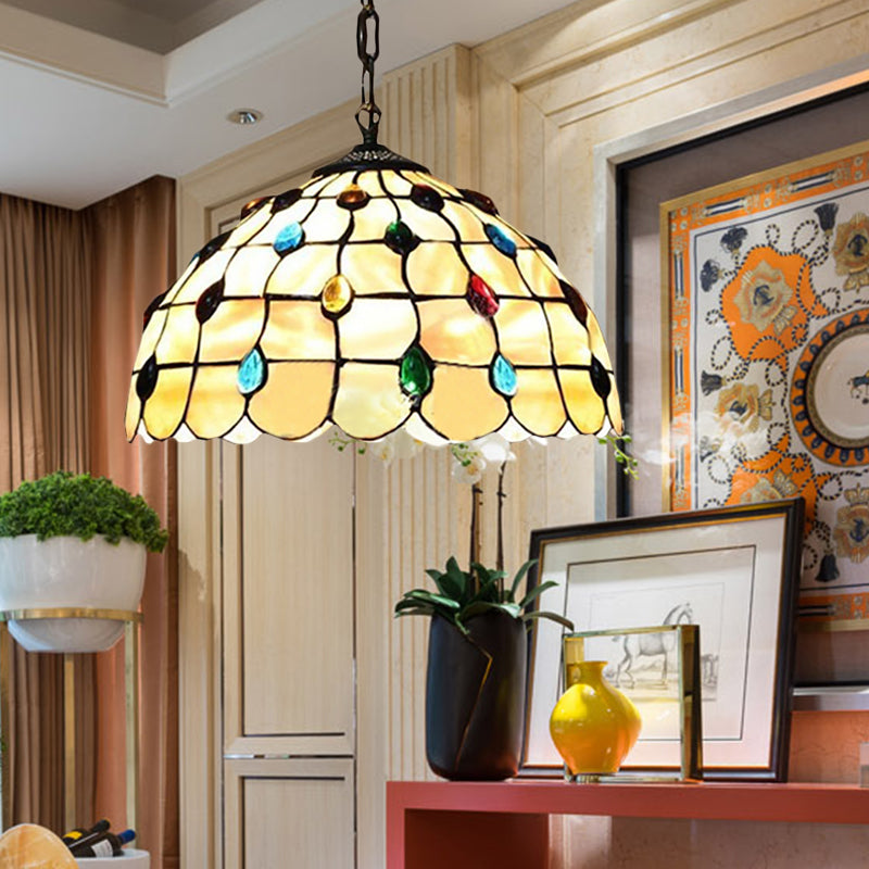 Lampe à suspension en forme de bol en verre teinté de style Tiffany avec deux têtes beiges et cabochons en pierres précieuses - 16/19,5"L