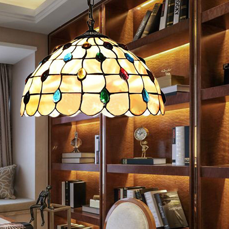 Lampe à suspension en forme de bol en verre teinté de style Tiffany avec deux têtes beiges et cabochons en pierres précieuses - 16/19,5"L