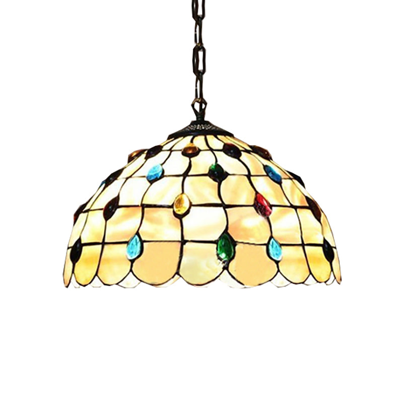 Lampe à suspension en forme de bol en verre teinté de style Tiffany avec deux têtes beiges et cabochons en pierres précieuses - 16/19,5"L
