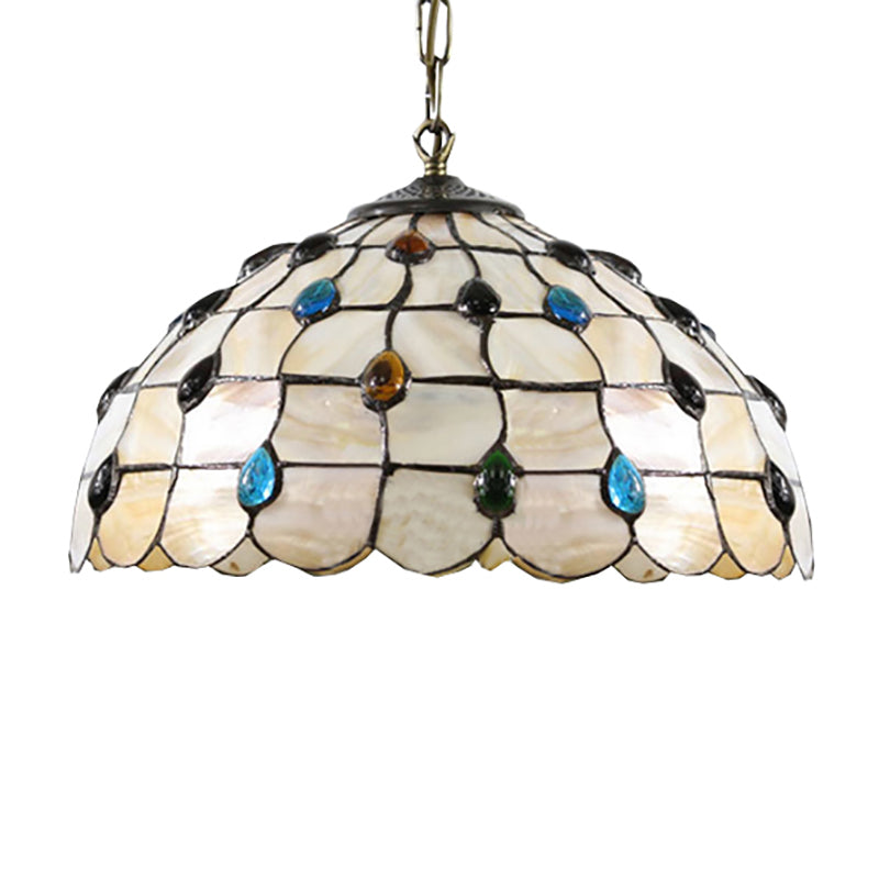 Lampe à suspension en forme de bol en verre teinté de style Tiffany avec deux têtes beiges et cabochons en pierres précieuses - 16/19,5"L