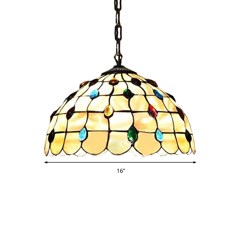 Lampe à suspension en forme de bol en verre teinté de style Tiffany avec deux têtes beiges et cabochons en pierres précieuses - 16/19,5"L