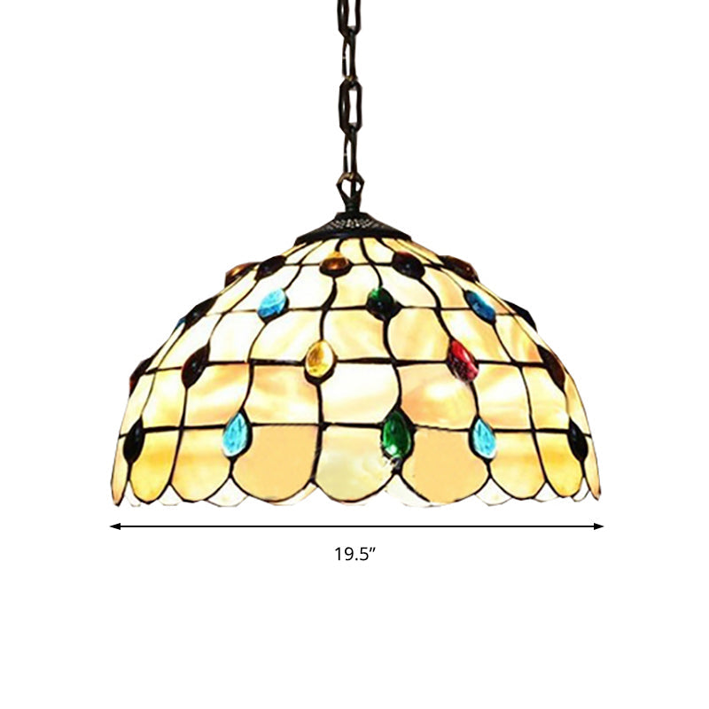 Lampe à suspension en forme de bol en verre teinté de style Tiffany avec deux têtes beiges et cabochons en pierres précieuses - 16/19,5"L