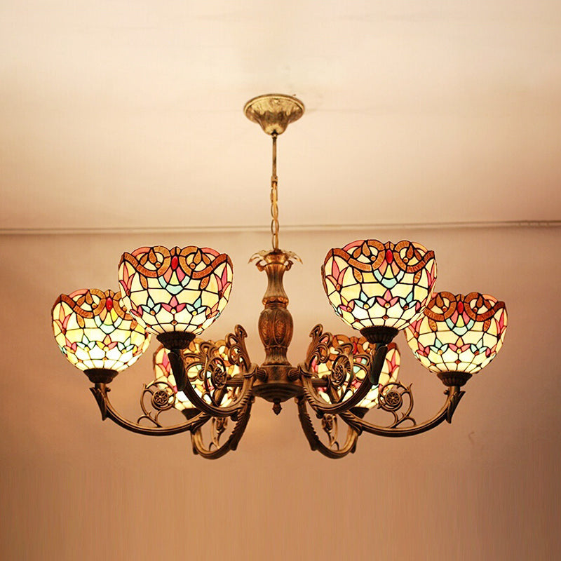 Baroque Peacock Tail Chandelier with 6 Vintage Stained Glass Pendants in Antique Bronze