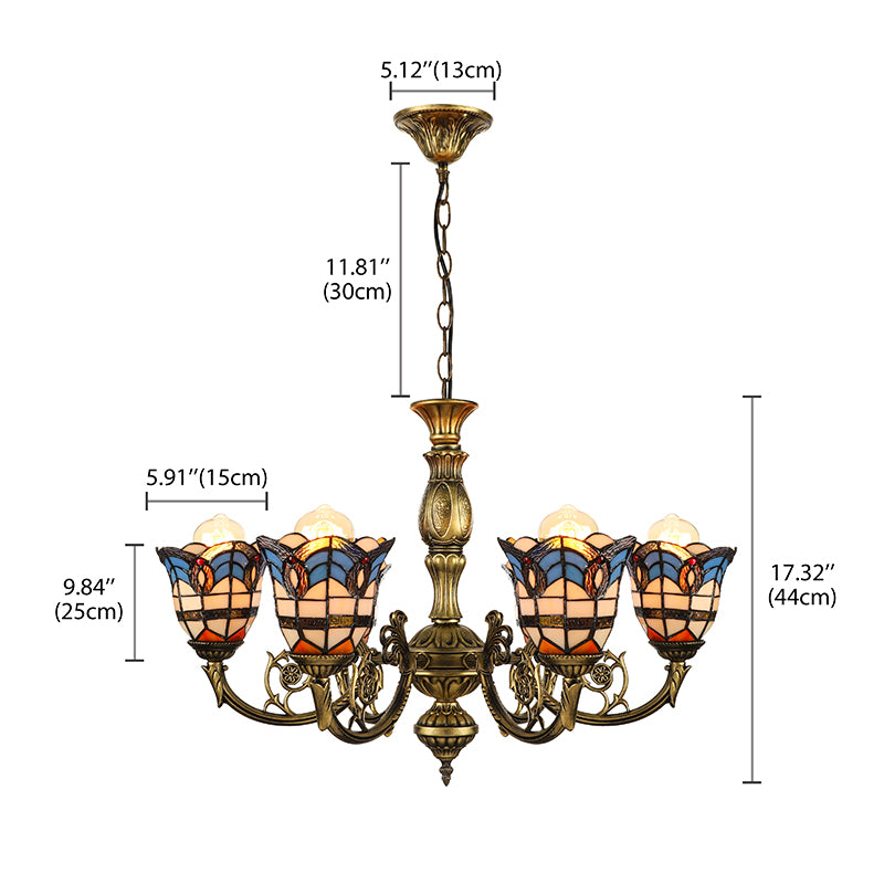 Baroque Peacock Tail Chandelier with 6 Vintage Stained Glass Pendants in Antique Bronze