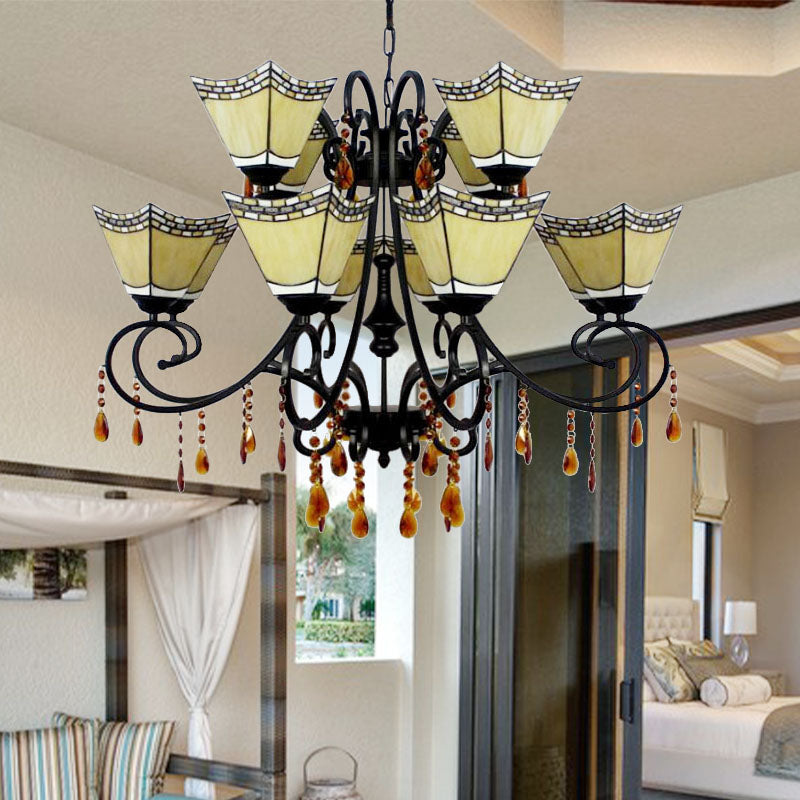Lustre géométrique en vitrail avec 12 lumières suspendues et accent en cristal en jaune/bleu/bleu ciel