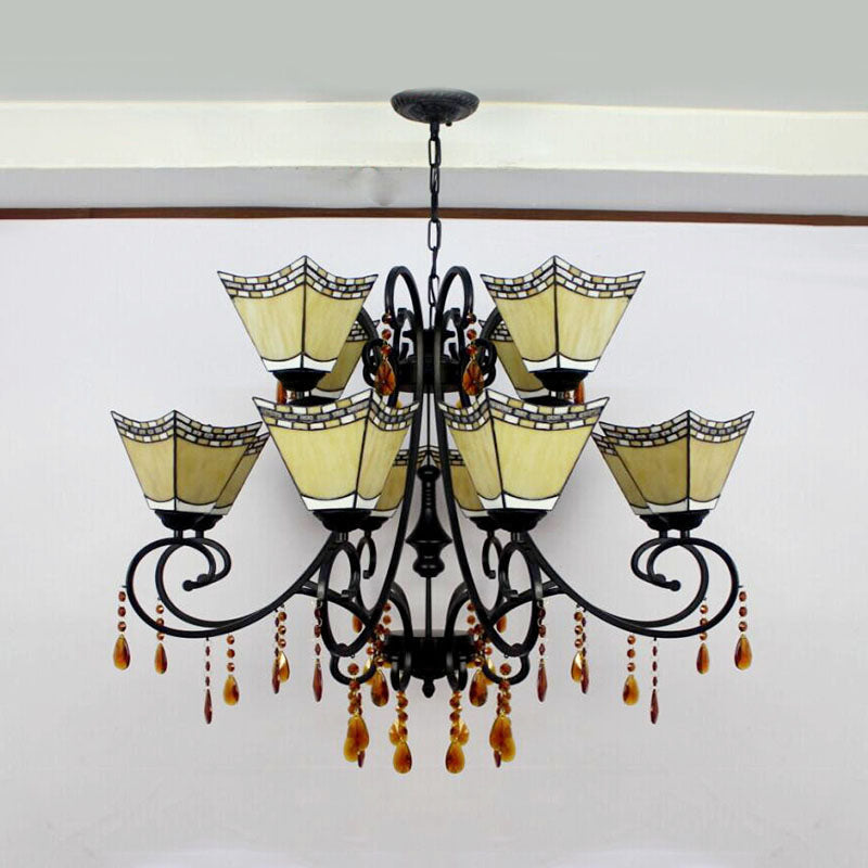 Geometric Chandelier Light Lodge - Stained Glass 12 Lights Crystal Accents Yellow/Blue/Sky Blue