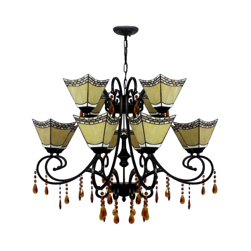 Lustre géométrique en vitrail avec 12 lumières suspendues et accent en cristal en jaune/bleu/bleu ciel
