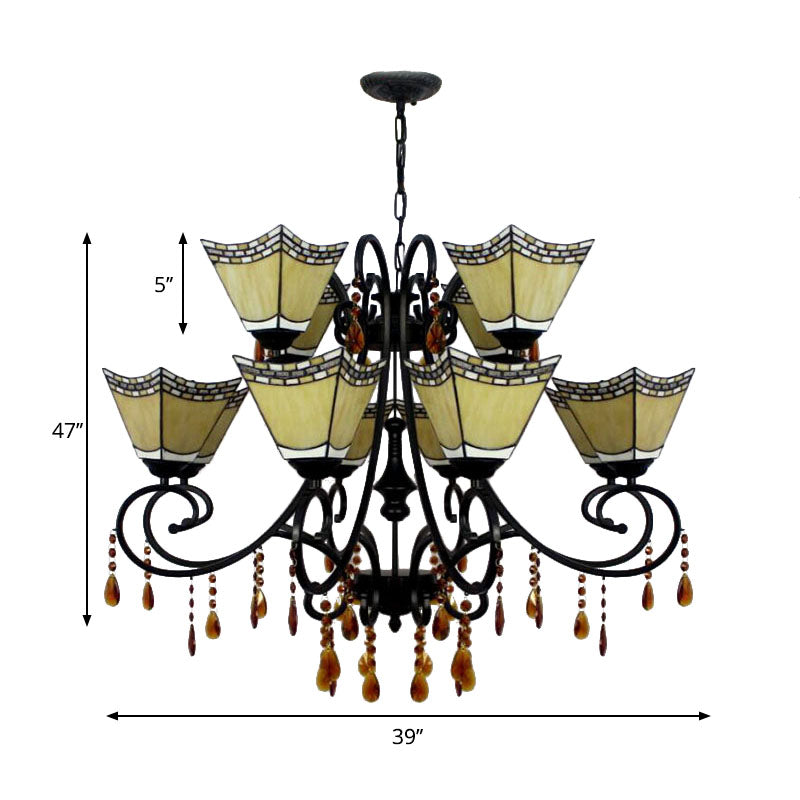 Lustre géométrique en vitrail avec 12 lumières suspendues et accent en cristal en jaune/bleu/bleu ciel
