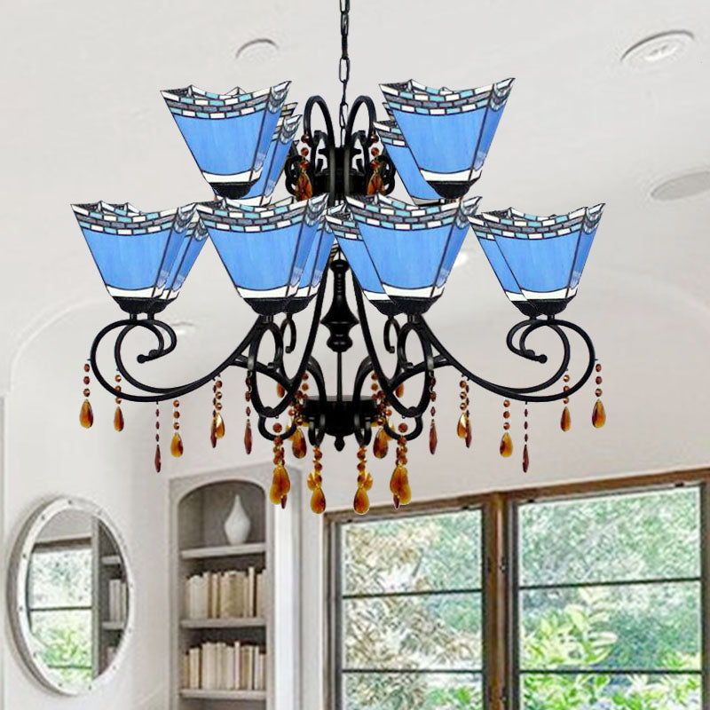 Lustre géométrique en vitrail avec 12 lumières suspendues et accent en cristal en jaune/bleu/bleu ciel