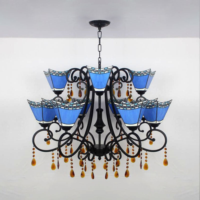 Geometric Chandelier Light Lodge - Stained Glass 12 Lights Crystal Accents Yellow/Blue/Sky Blue