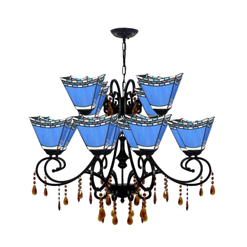 Lustre géométrique en vitrail avec 12 lumières suspendues et accent en cristal en jaune/bleu/bleu ciel