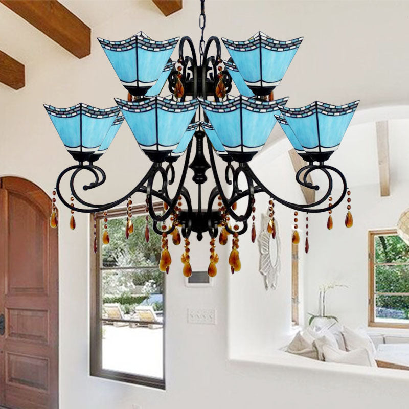 Lustre géométrique en vitrail avec 12 lumières suspendues et accent en cristal en jaune/bleu/bleu ciel