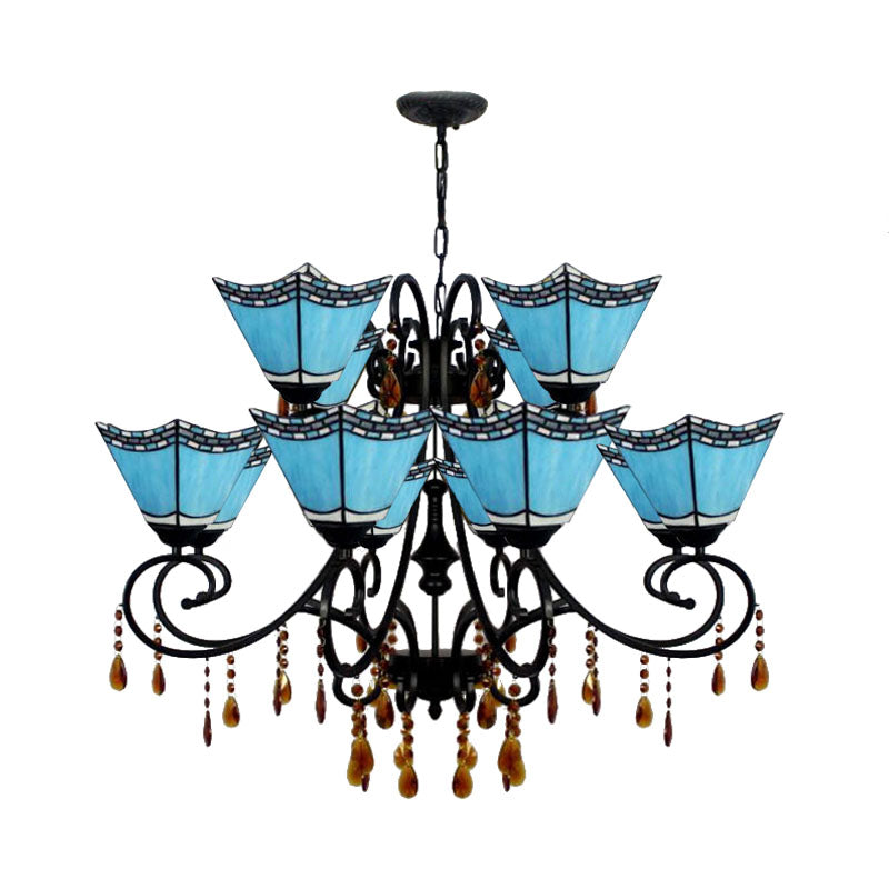 Geometric Chandelier Light Lodge - Stained Glass 12 Lights Crystal Accents Yellow/Blue/Sky Blue