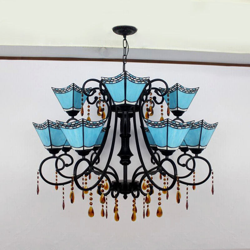 Lustre géométrique en vitrail avec 12 lumières suspendues et accent en cristal en jaune/bleu/bleu ciel