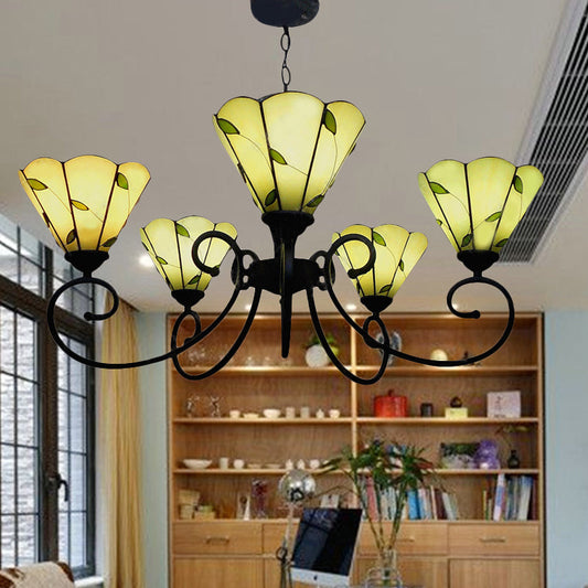 Lustre à feuilles avec vitrail, 5 lumières, style loft, beige