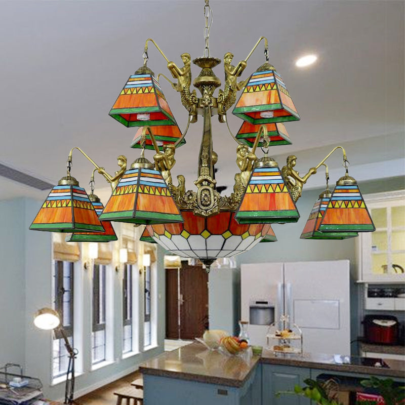 Lustre pyramidal en verre teinté orange/bleu de style Tiffany : plafonnier à 15 lampes