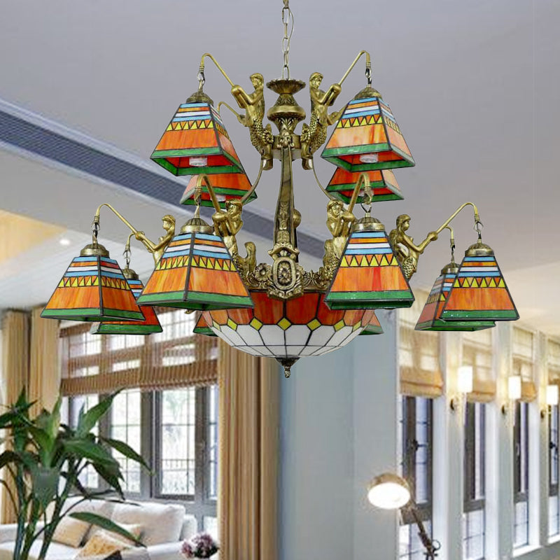 Lustre pyramidal en verre teinté orange/bleu de style Tiffany : plafonnier à 15 lampes