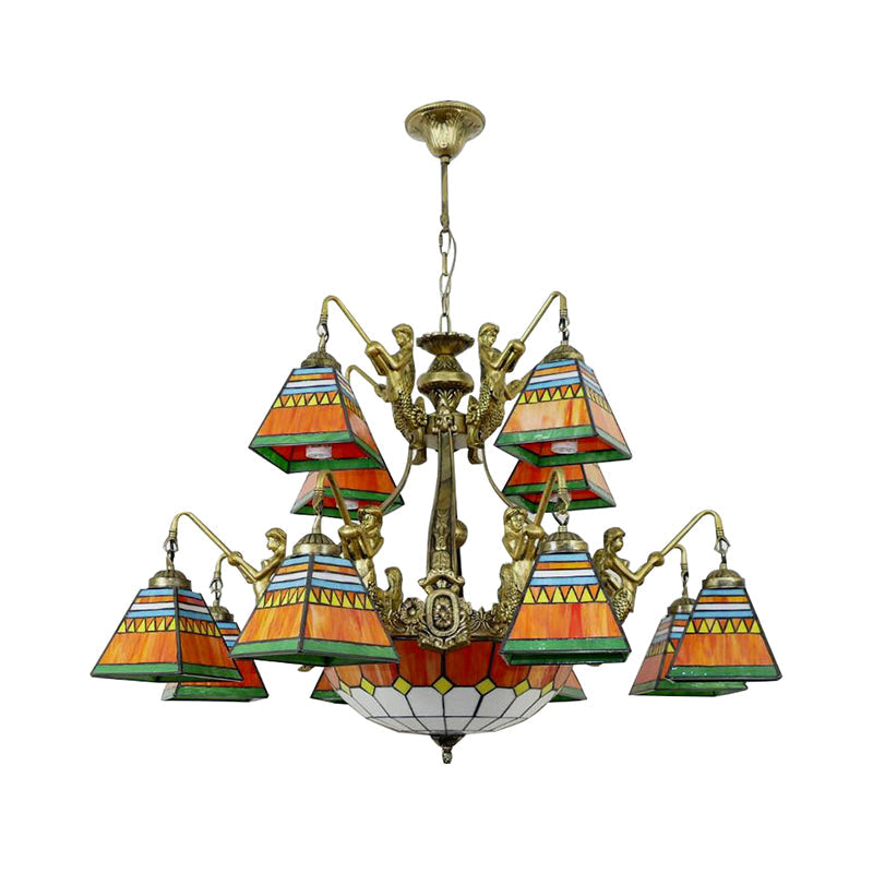 Lustre pyramidal en verre teinté orange/bleu de style Tiffany : plafonnier à 15 lampes