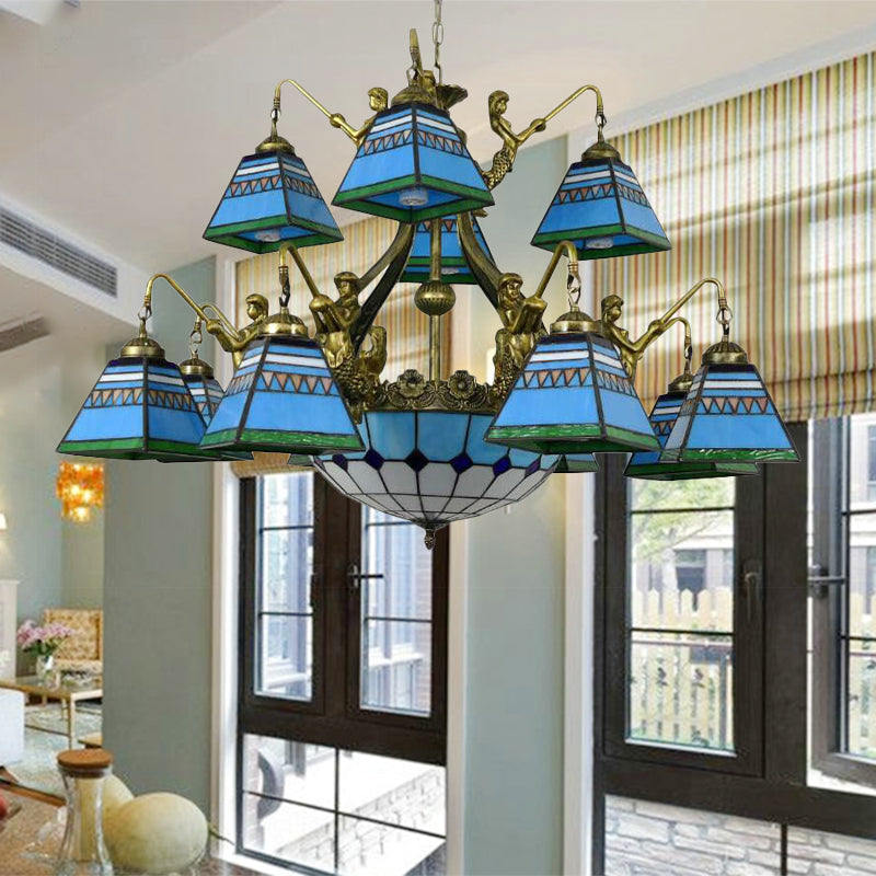 Lustre pyramidal en verre teinté orange/bleu de style Tiffany : plafonnier à 15 lampes