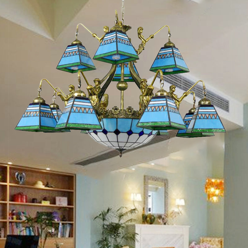 Lustre pyramidal en verre teinté orange/bleu de style Tiffany : plafonnier à 15 lampes