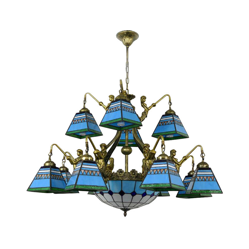 Lustre pyramidal en verre teinté orange/bleu de style Tiffany : plafonnier à 15 lampes