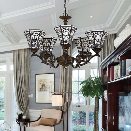 Suspension style Lodge : Lustre en verre blanc et noir avec chaîne – Lampe à 5 lumières