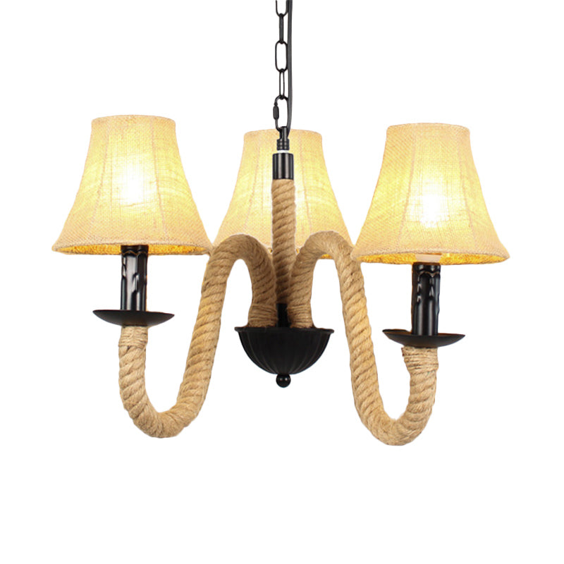 Lustre en tissu beige de style vintage avec détails en corde - Lampe suspendue en forme de cloche/cône (3 lumières)