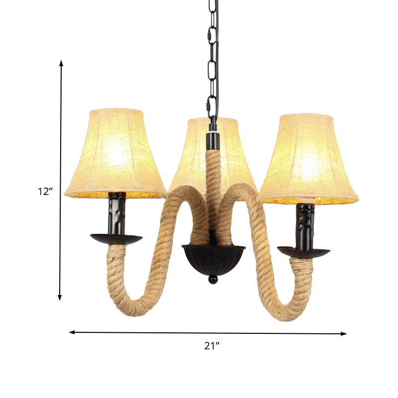 Lustre en tissu beige de style vintage avec détails en corde - Lampe suspendue en forme de cloche/cône (3 lumières)