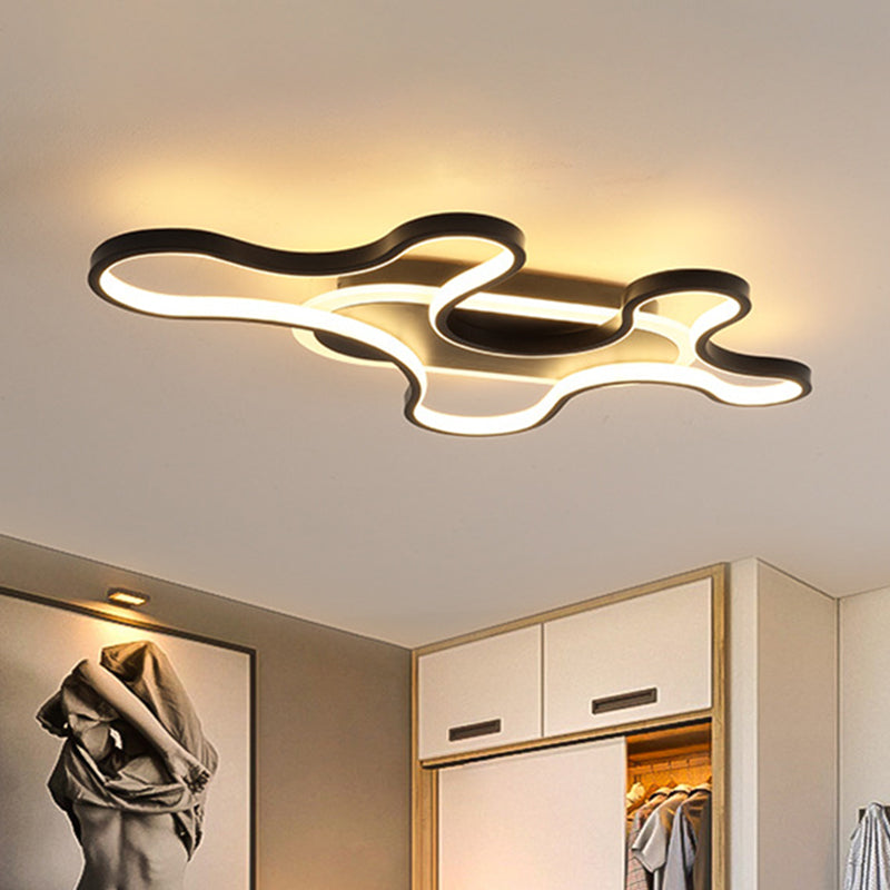 Modern Wavy Frame Ceiling Lamp in Black/White Aluminum with LED Flush Mount Lighting, Available in Warm/White Light, 22.5"/37.5" Width