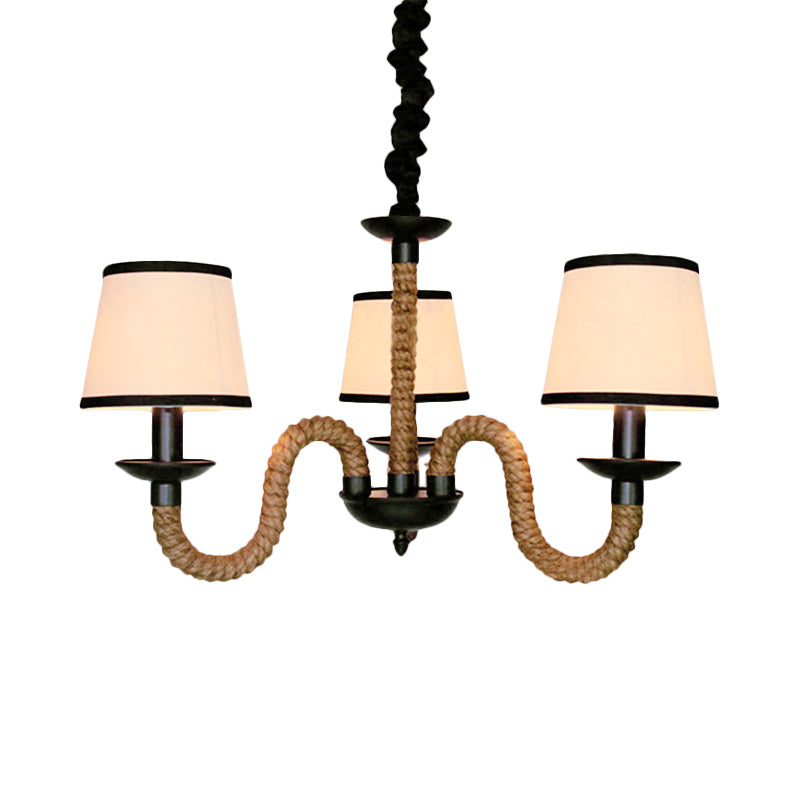 Lustre en tissu beige de style vintage avec détails en corde - Lampe suspendue en forme de cloche/cône (3 lumières)