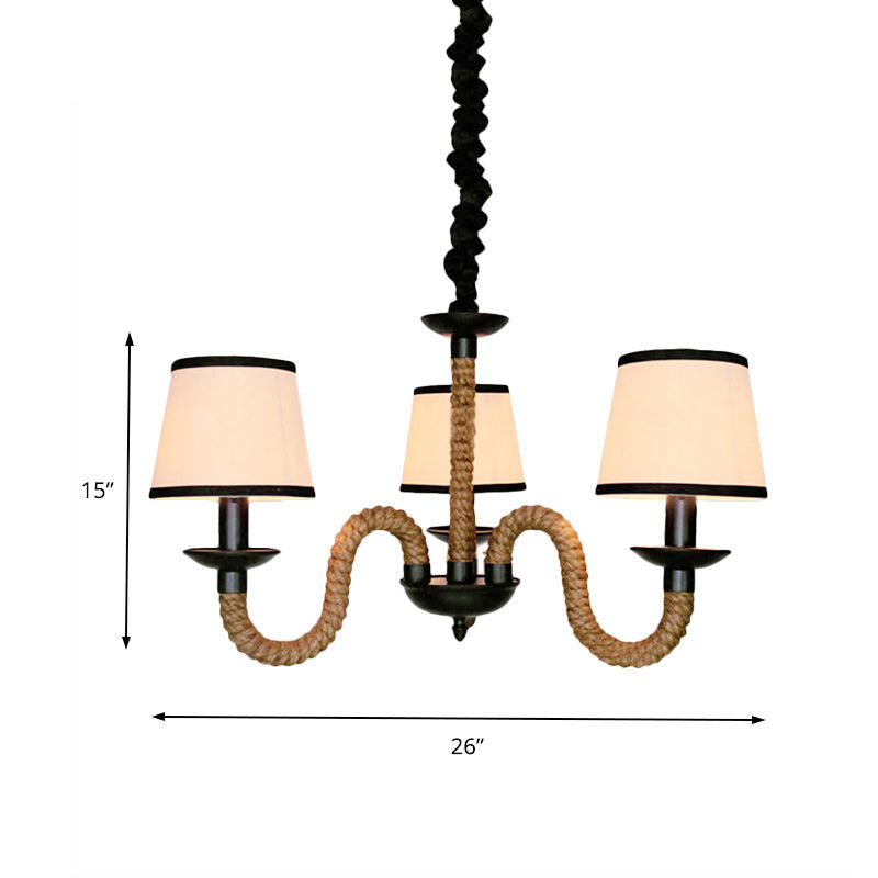 Lustre en tissu beige de style vintage avec détails en corde - Lampe suspendue en forme de cloche/cône (3 lumières)