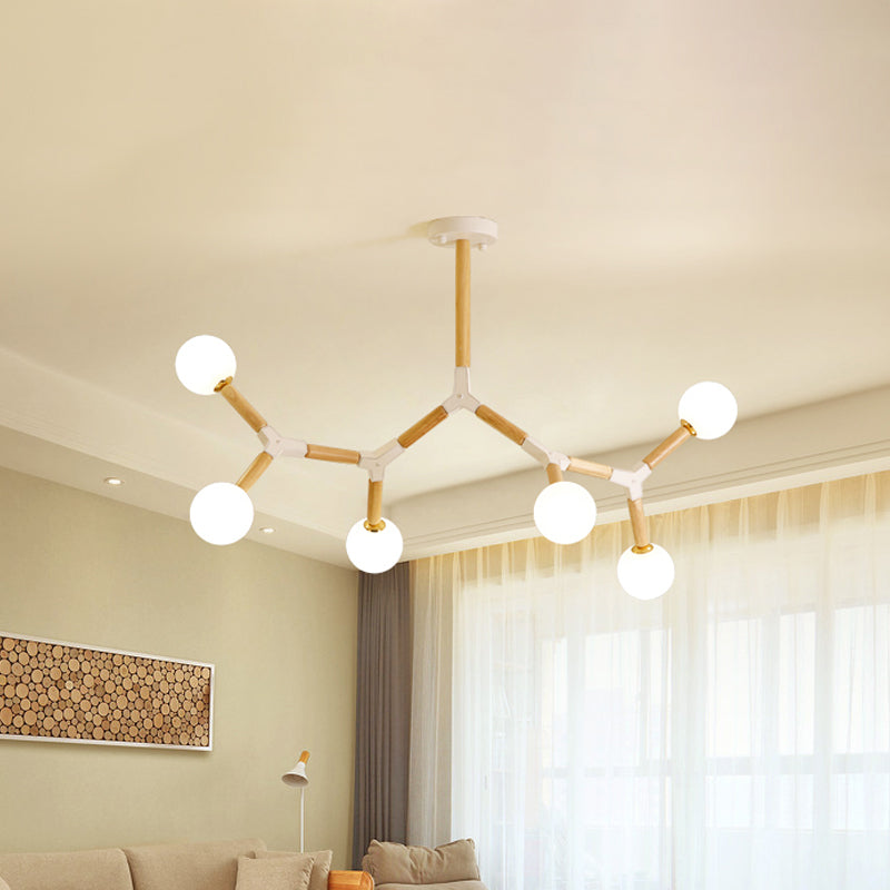 Lustre en branches de bois avec 6 lumières, kit de suspension beige et abat-jour en verre dépoli