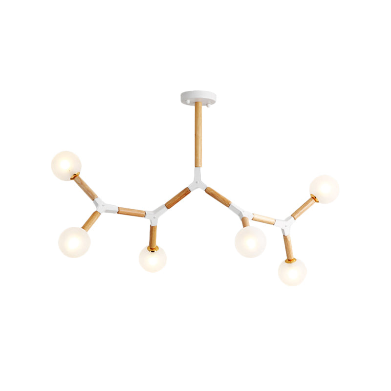 Lustre en branches de bois avec 6 lumières, kit de suspension beige et abat-jour en verre dépoli