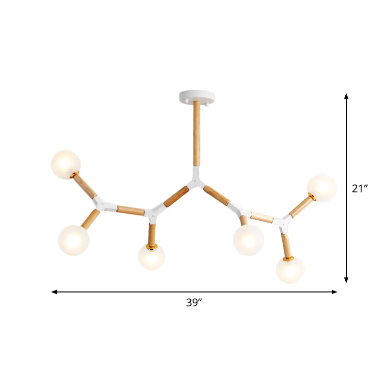 Lustre en branches de bois avec 6 lumières, kit de suspension beige et abat-jour en verre dépoli
