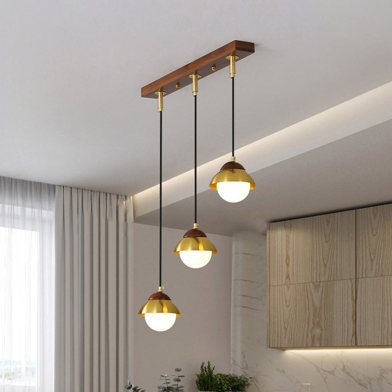 Metal Dome Pendant Light Kit with Opal Glass Shade - Simplicity Design, Brass Finish, Multiple Lamps - 12"/23.5" Width, 3-Bulb Hanging Fixture