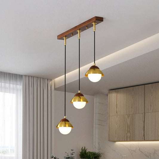 Metal Dome Pendant Light Kit with Opal Glass Shade - Simplicity Design, Brass Finish, Multiple Lamps - 12"/23.5" Width, 3-Bulb Hanging Fixture