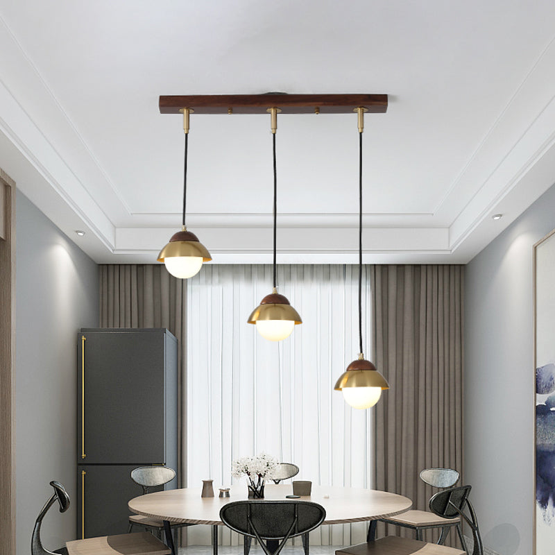 Metal Dome Pendant Light Kit with Opal Glass Shade - Simplicity Design, Brass Finish, Multiple Lamps - 12"/23.5" Width, 3-Bulb Hanging Fixture