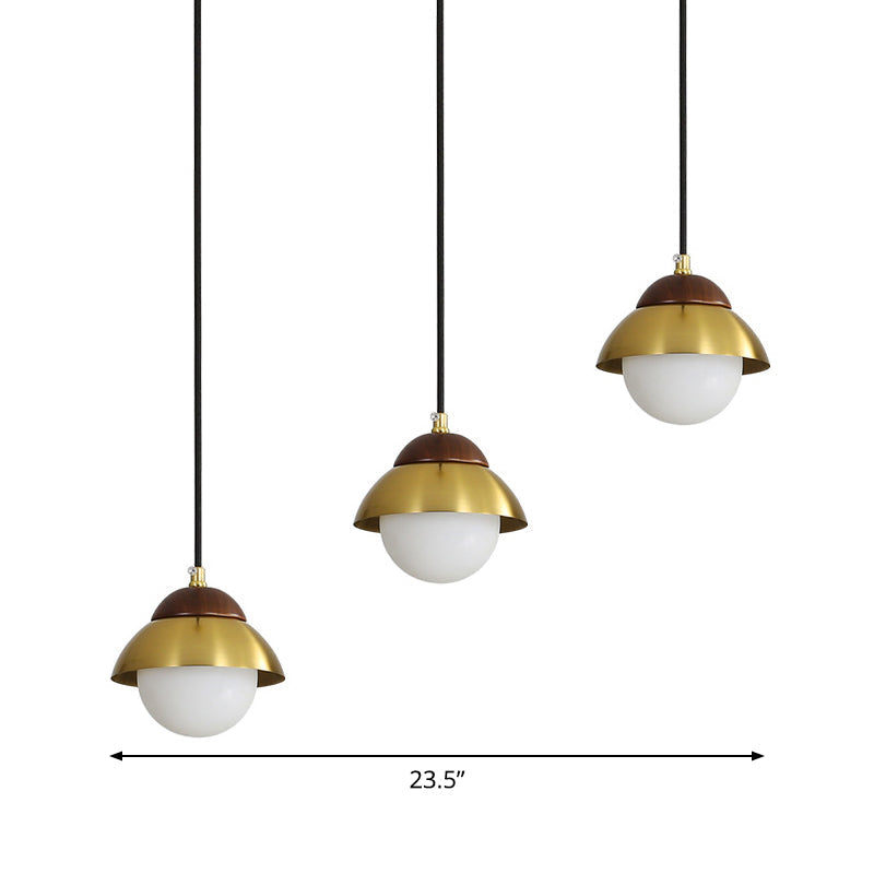 Metal Dome Pendant Light Kit with Opal Glass Shade - Simplicity Design, Brass Finish, Multiple Lamps - 12"/23.5" Width, 3-Bulb Hanging Fixture