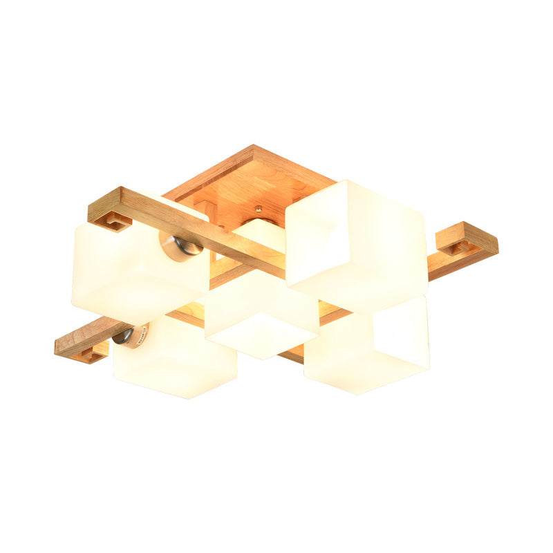 Modernist Beige Cubic Ceiling Lamp With Opaline Glass Shade - Semi Flush Mount 4/5 Heads