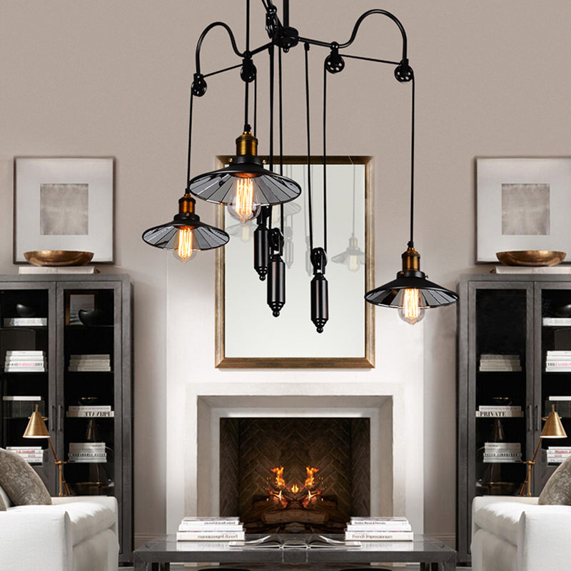 Suspension industrielle noire avec 3 têtes en métal, poulie et cordon - Parfait pour le salon