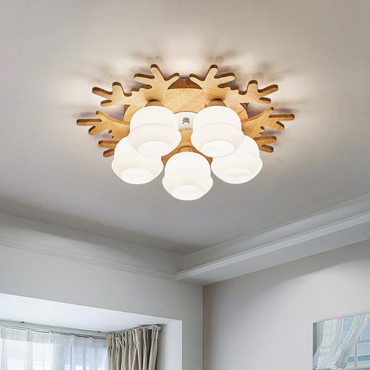 Modern Flush Ceiling Lamp with Wood Antler Design - White Glass Jar Fixture, 5/7 Bulbs, Beige Mount