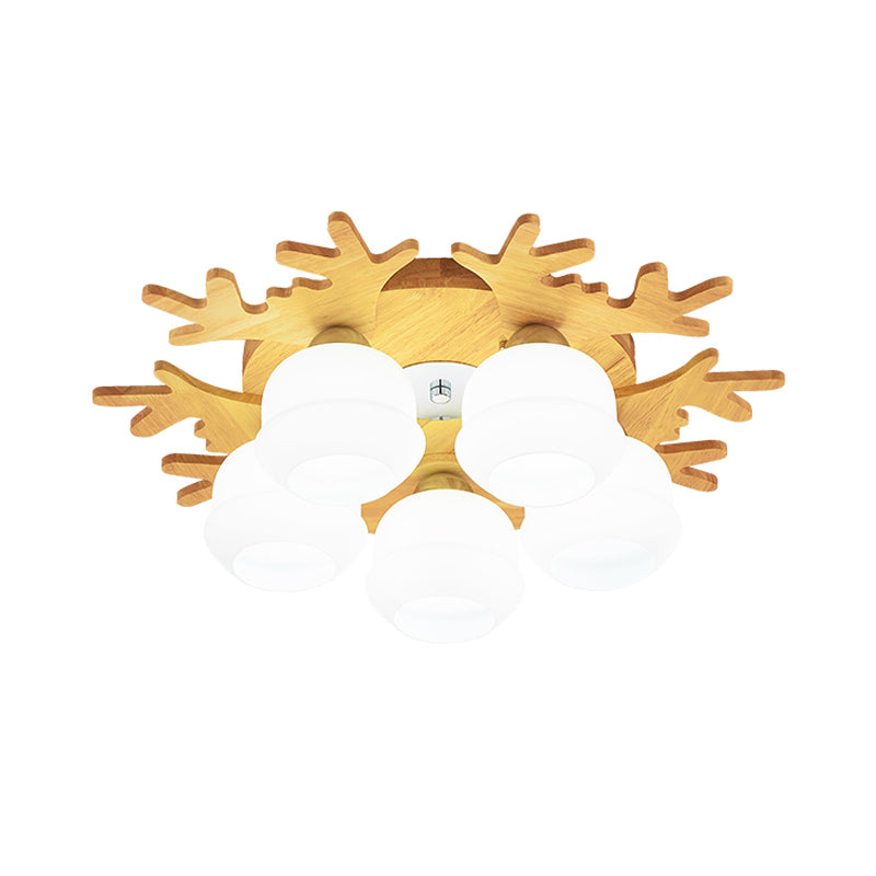 Modern Flush Ceiling Lamp with Wood Antler Design - White Glass Jar Fixture, 5/7 Bulbs, Beige Mount